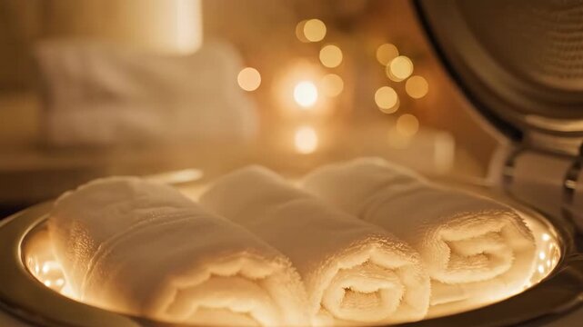 Soft rolled white towel set warming in spa with warm steamer and cozy glowing bokeh lights