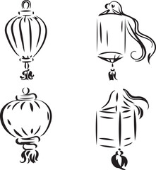 Distinctive black ink outlines depict four diverse stylistic variations of classic lanterns