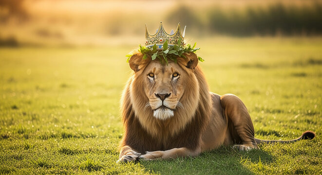 lion in the grass with crown - Powered by Adobe
