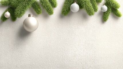 White and silver ornament hangs from a Christmas tree branch. Christmas background.