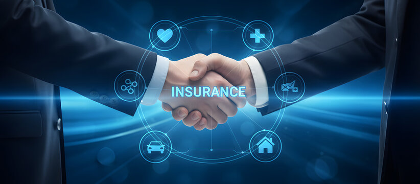 digital insurance deal and risk protection shown by business handshake