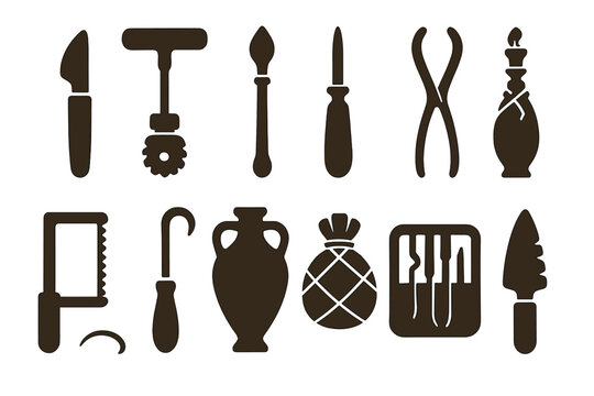 Ancient Surgical Tools Icons. Solid style icons of ancient surgical tools: bronze scalpel, trepanation drill, cautery iron,