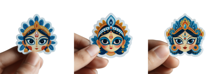 Set of Vector illustration of goddess Durga with a joyful expression, celebrating Durga Puja, festive elements like diyas and flowers on transparent png background. Ai generated