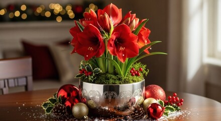 Holiday Bloom: A vibrant display of festive red flowers and ornaments creates a captivating centerpiece, perfect for celebrating the joyous holiday season.