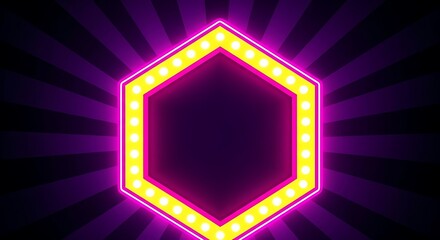 Retro hexagonal marquee frame with glowing yellow bulbs and purple spotlight background