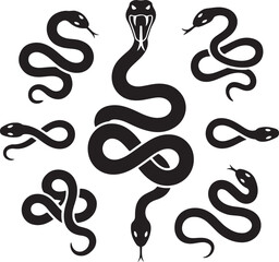Multiple black snake silhouettes are posed in a variety of menacing shapes and stances over white