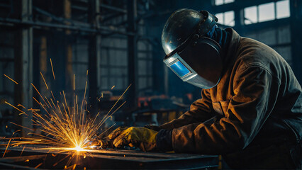 Welder in factory. Skill of welders when working with complex metal structures