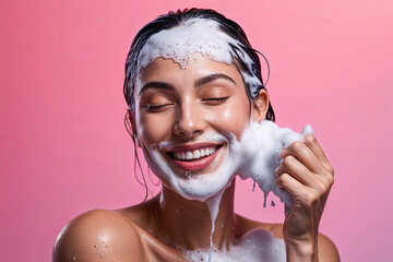 Woman with a radiant smile as she indulges in the pleasure of washing her face and hair, rich with lathered foam. Female face and hair care with foam to freshness. Spa and Health care