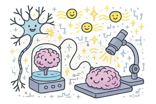 Whimsical Optogenetics Lab. Whimsical doodle futuristic optogenetics lab with smiling brain models, cartoon neurons firing with