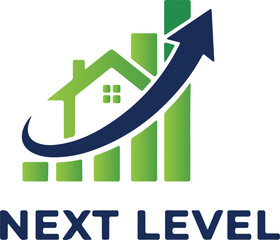 Real estate growth chart with rising arrow and house symbol. logo.