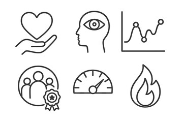 Emotional Intelligence Icons. Line style icons of emotional intelligence: empathy heart, self-awareness icon, emotion wave chart,
