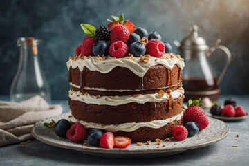 Round multi-layered chocolate cake, adorned with dripping glaze and a colorful array of fresh berries. Perfect for celebrating birthdays or for use in dessert-related content