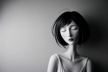 black and white illustration of a tired woman, captured in a minimalist style, her eyes cast downward, revealing a hint of exhaustion. Tired woman sleeping