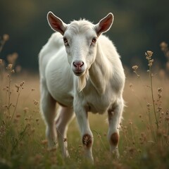 Obraz premium White domestic goat stands in rural meadow, looking straight with intense yellow eyes. Young farm animal small beard, brown spots on legs. Green grass surrounds livestock creature. Countryside nature