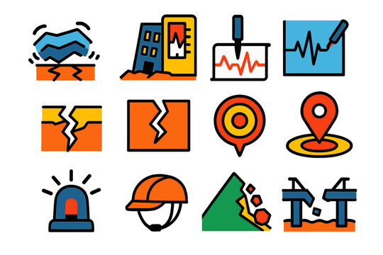 Earthquake Icon Set. Flat vector icons of earthquakes: shaking ground, broken building, Richter scale, seismograph needle, fault
