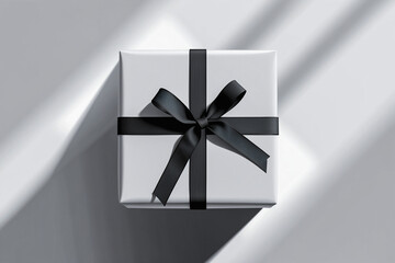 Gift Box with Ribbon. A single, perfectly wrapped gift box in a solid color with a black ribbon. The ribbon is tied in a neat bow on top, and the box sits on a blank background