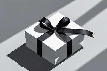 Gift Box with Ribbon. A single, perfectly wrapped gift box in a solid color with a black ribbon. The ribbon is tied in a neat bow on top, and the box sits on a blank background