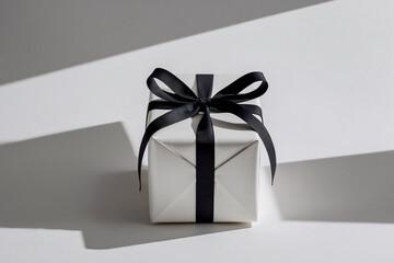 Gift Box with Ribbon. A single, perfectly wrapped gift box in a solid color with a black ribbon. The ribbon is tied in a neat bow on top, and the box sits on a blank background