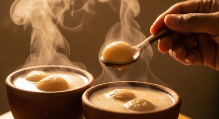 Warm indian dessert served in traditional clay pots with rising steam, a hand expertly scoops a sweet, inviting cultural culinary treat. illustration