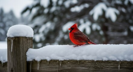 Winter Cardinal: A vibrant red cardinal perches atop a snow-covered fence, a stark contrast against the serene backdrop of a snowy winter landscape.