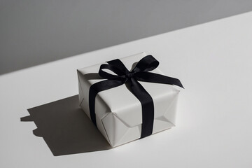 Gift Box with Ribbon. A single, perfectly wrapped gift box in a solid color with a black ribbon. The ribbon is tied in a neat bow on top, and the box sits on a blank background