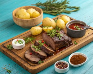 A traditional German Sauerbraten beef is served on a wooden board alongside potatoes, herbs, spices, and various sauces 
