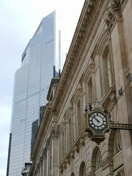 Scenic view of an old building in front of a new one in London, England