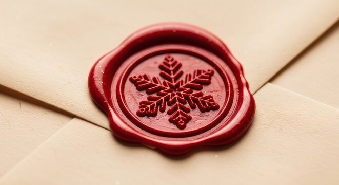 Sealed with Winter's Embrace: A close-up showcases a snowflake-adorned wax seal, pressed onto an unopened letter, hinting at the winter season's arrival.