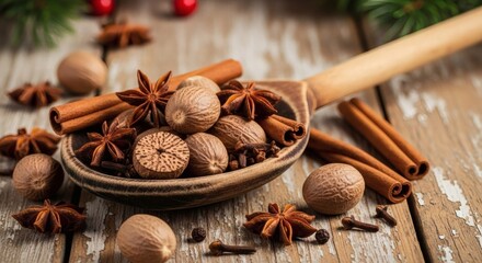 Aromatic Spice Collection: A rustic wooden spoon overflows with a festive medley of star anise, nutmeg, cinnamon sticks and cloves on a wooden surface, embodying the warmth of the season.