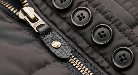 Detailed close-up of a high-quality dark grey quilted jacket with a golden metallic zipper, leather pull tab, and four black button fasteners illustration