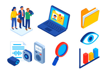 Investigative Journalism Tools. Isometric vector illustration set News and media – investigative journalism team, laptop with