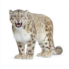 Roaring snow leopard isolated on white background