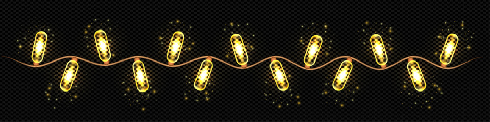 Christmas Garland with Glowing Yellow Lights &ndash; Curved Decorative Element on Transparent Background for Festive Design and Holiday Decor