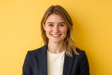 Professional young woman smiling, wearing a blazer, standing against a vibrant yellow wall. Expressing happiness and confidence