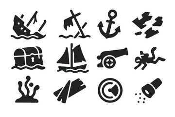 Fototapeta premium Shipwreck Icon Collection. Solid style icons of shipwrecks: sunken ship, broken mast, anchor, hull fragments, treasure chest,