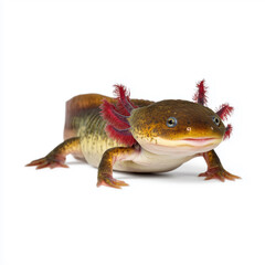 Axolotl walking on white background close-up