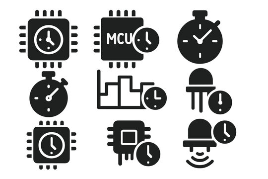 Embedded System Icons. Solid style icons of embedded systems and time control: embedded chip with clock, MCU timing icon,