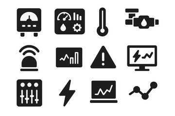 Energy Monitoring Icons. Solid style icons of energy monitoring: smart meter, dashboard, temperature gauge, flow meter, sensor,