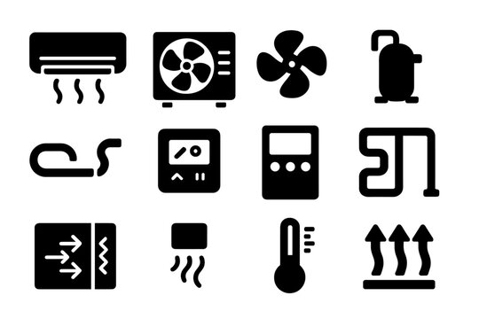 Heat Pump Icon Set. Solid style icons of heat pumps: indoor unit, outdoor unit, fan, compressor, refrigerant line, thermostat,