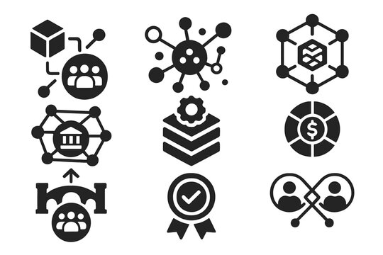 Web3 DAO Ecosystem Icons. Solid style icons of DAOs in Web3 ecosystem: DAO + dApp integration, connected protocols icon,