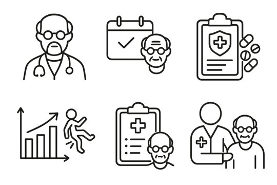 Geriatric Care Icons. Line style icons of geriatric medical care: geriatrician profile icon, annual health check, polypharmacy