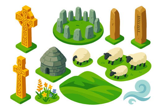 Celtic Heritage Icons. Isometric vector illustration set Cultural heritage &ndash; Celtic cross, standing stone circle, ogham