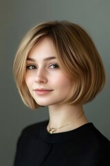 Fototapeta premium Young woman showcasing a soft blonde rounded bob haircut with feathered layers, smiling gently at viewer