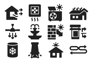 Renewable Cooling Icons. Solid style icons of Renewable Cooling: passive ventilation, evaporative cooler, solar chiller, green