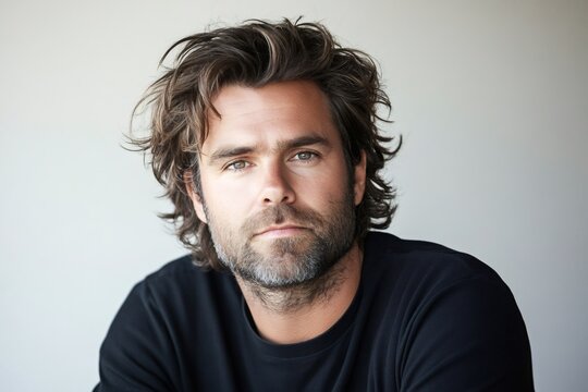 Confident shaggy haired man with beard poses for a modern studio portrait, casual style and natural, thoughtful expression