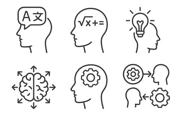 Neuroplasticity Line Icons. Line style icons of learning-related neuroplasticity: language learning symbol, math problem solving,