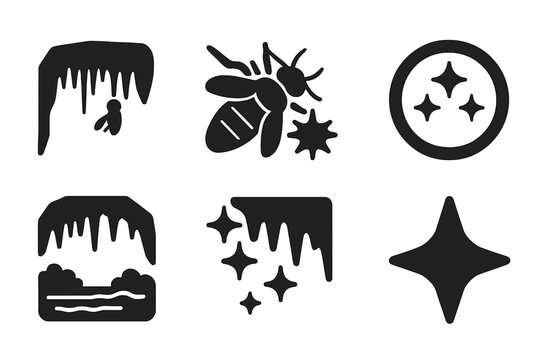 Glow Worm Icons. Solid style icons of glow worm cave tours: hanging glow glyph, insect light icon, sparkle badge. Light point ring