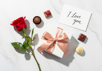 Elegant and Modern Valentine's Day Flat Lay with Gifts, Roses, and Copy Space on a Marble Background