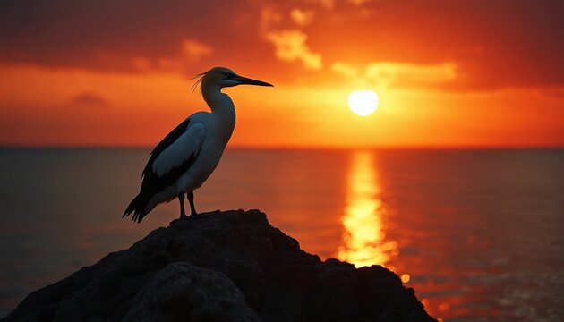 Solitary gannet stands on rock watching vibrant sunset over ocean. Seabird silhouette is outlined by fiery orange sky. Sunlight reflects on calm sea water creating serene wildlife scene at coast.