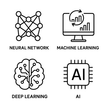 Line icon set for artificial intelligence, including neural network, machine learning, deep learning, and AI chip, for AI technology and data science design.